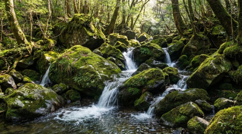 霧島の苔むした岩の間を流れる水