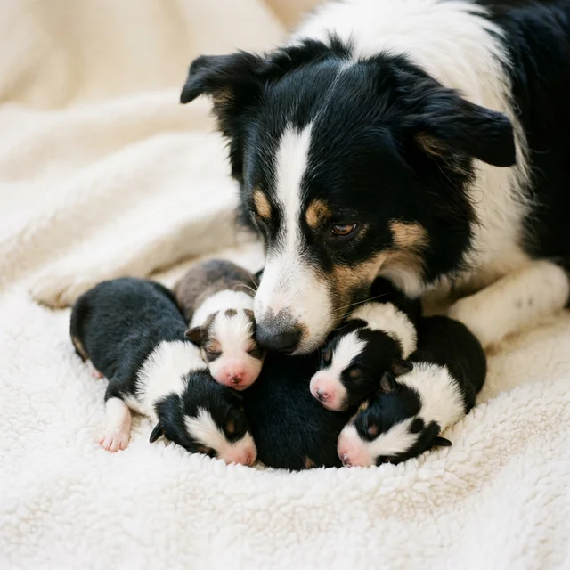 母犬と新生児の子犬たち。DNA二重螺旋が遺伝的基盤を象徴する