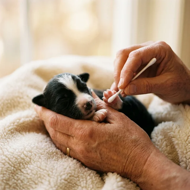 ブリーダーが綿棒を使って新生児の子犬の足裏を優しく刺激している