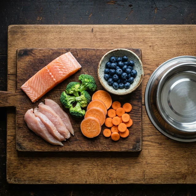 鶏ささみ、さつまいも、サーモン、ブロッコリーなどのヒューマングレード食材