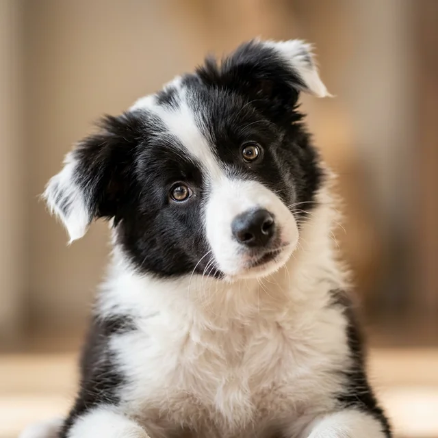 キッチンでフードボウルの横に座り、好奇心いっぱいの表情で見上げるボーダーコリーの子犬