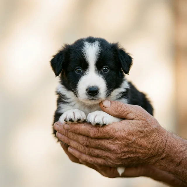ブリーダーの手に優しく抱き上げられた子犬が、信頼の眠差しでカメラを見つめている