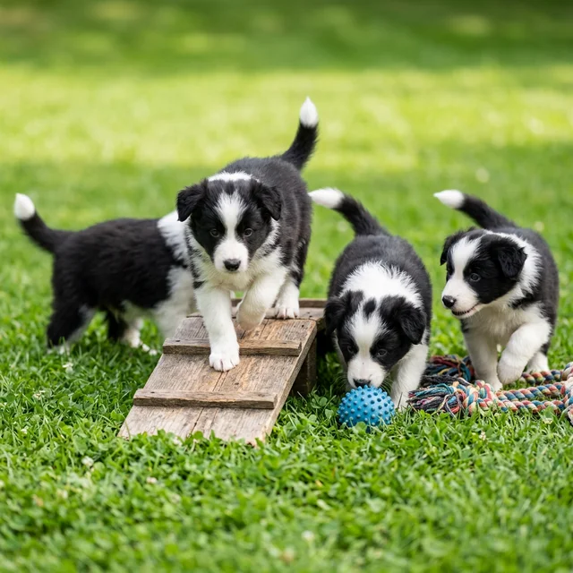 屋外の感覚エンリッチメントエリアで様々な素材を探索するボーダーコリーの子犬たち